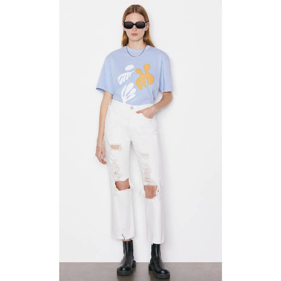 Frame Le Jane Crop Distressed Straight-Leg Jean 27 White Rumpled Blanc Destruct - Picture 11 of 15